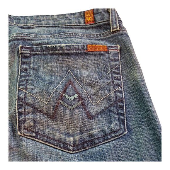 7 FOR ALL MANKIND SZ 32 "A" Pocket Low-rise Bootcut Distressed Blue Jeans - Picture 9 of 15